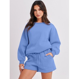 ANRABESS Women 2 Piece Outfits Sweat Shorts Sets 2025 Oversized Casual Lounge Matching Set Sweatsuit Tracksuit Clothes Sky Blue Large