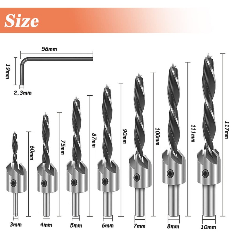 Eeych 7Pcs Countersink Drill Bits HSS with 1 Hex Key