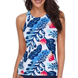 Holipick High Neck Tankini Top Bathing Suit Tops for Women Tummy Control Tank Tops Swimsuits White Blue Floral L
