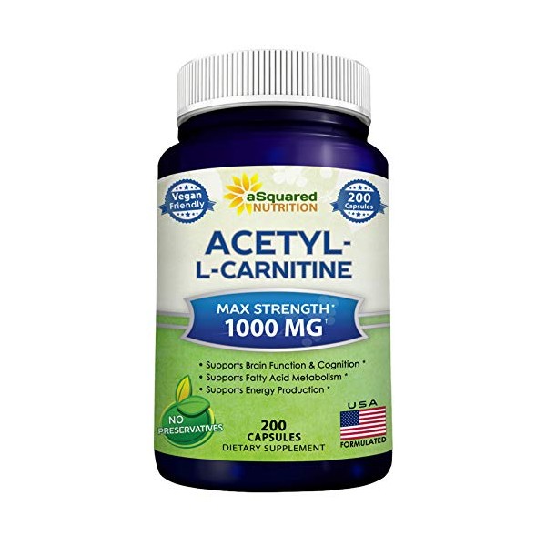 Acetyl L-Carnitine 1000mg Max Strength - 200 Veggie Capsules - High Dosage Acetyl L Carnitine HCL (ALCAR) Supplement Pills to Support Pure Energy, Brain Function & Fatty Acid