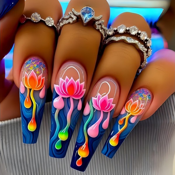 French Press on Nails Long Ballet Fake Nails Lotus Flower