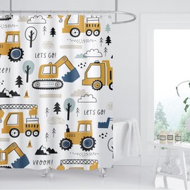 ZXMBF Construction Truck Shower Curtain Cartoon Excavator Vehicle Tractor Cars for Boys Kids Machinery Navy Blue Yellow Bathroom Decor Waterproof Fabric 72Lx72W Inch with Hooks