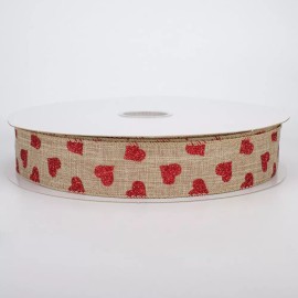 Plaid 5 Yards Wired Edge Ribbon 1 1/2" Wide Natural With Red Glittery Hearts Valentine