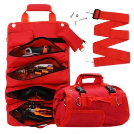 Tool Organizer Bag, Foldable Roll Up Heavy Duty Bag Organizer, with 2 Detachable Pouches, Mechanic Carrying Toolbag, Gifts for Dad Men Birthday Father Day (Red)