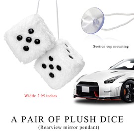 KVAEY 2PCS Fuzzy Plush Dice with Dots, 3 Inch Square Pair of Retro Rear View Mirror Hanging Ornament, Classic Vintage Soft Dice Pendant Auto Interior Mirror Decor, Car Accessories (White)
