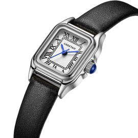 CHEETAH Women’s Leather Strap Watch, with Silver-Tone Small Vintage Rectangular Case, Roman Dial