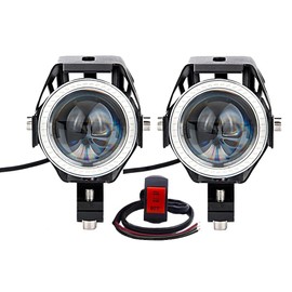 X-STYLE U7 Motorcycle Fog Lamp LED 2 Colors White+Blue Ring 2 Modes Waterproof Headlight Auxiliary Light Bullet Type 12V Universal Switch Included 2-Piece Set (White+Blue)
