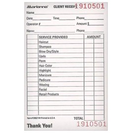 MARIANNA BK-08821W BARBER SALON BEAUTY MARIANNA RECEIPT RECORD NUMBERED TAB CHECK PAD