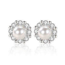 Perlenohrstecker Silber 925 Perlenohrringe für Damen Muschelperlen Ohrringe mit Zirkonia Perlen Ohrringe Ohrstecker 5.2mm