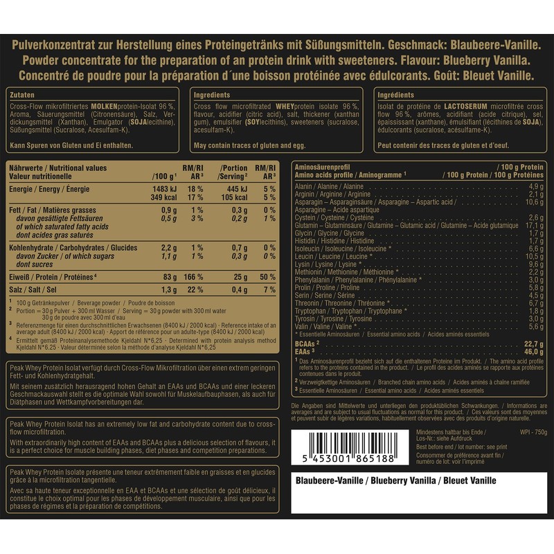 PEAK Whey Protein Isolate - 750 g Flavour Blueberry Vanilla