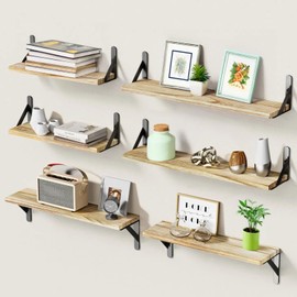 AMADA HOMEFURNISHING Long Wall Shelves, Rustic Farmhouse Style, Wood Floating Shelves for Wall Decor, Bathroom & Bedroom Storage, Living Room Book Shelves, 6pcs