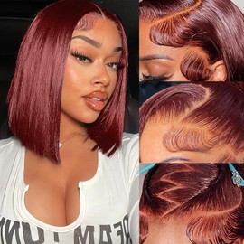 Reddish Brown Bob Wig Human Hair 13x4 Lace Front Wigs 10 Inch Short Straight Wine Glueless Wigs Pre Plucked 180% Density Natural Hairline Wigs for Black Women