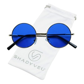 ShadyVEU 80s Retro Round Colorful Tint Sunglasses Circle Style Groovy Metal Wire Frame Hippie Circle Shades (Gold Frame, Blue)