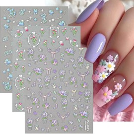 Flower Nail Art Stickers 5D Embossed Flower Nail Decals 3PCS Pink Tulip Blue Purple Floral Nail Design Stickers Spring Summer Flowers Sticker for Nails DIY Manicure Nail Art Supplies