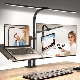 LED Desk Lamp for Home Office, Eye-Caring Desk Light with Clamp, Stepless Dimming 24W Double Head Architect Task Lamp with Remote Control, Flexible Gooseneck, for Working, Studying, Reading, Drafting