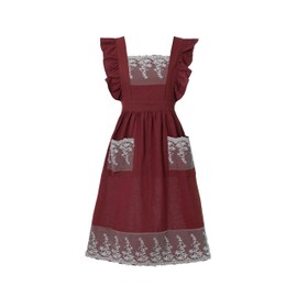 Aoomzoom Vintage Aprons for Woman with Pockets Cute Lace Ruffle Adjustable Apron for Cooking Kitchen Baking Gardening (Red)