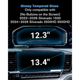 For 2022~2026 Silverado 1500& 2024~2026 Silverado 2500HD 3500HD (No Buttons on the Screen) Screen Protector 13.4 Inch Glossy Tempered Glass Touchscreen *1+ 12.3 Inch Dashboard *1 - No More Fingerprint