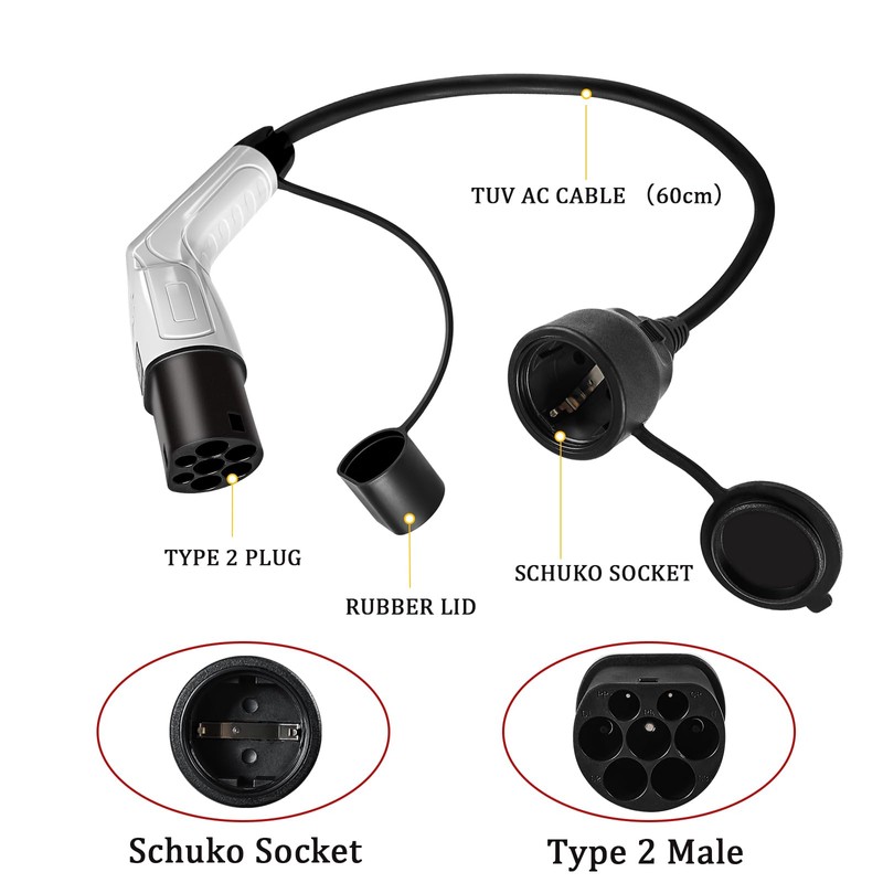 Qiping Type 2 to Schuko 16A, 3,5KW, 70CM, Electrical Car