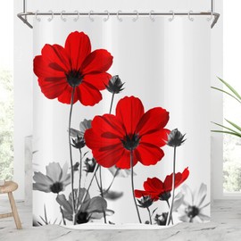 Hnmdmyi Shower Curtain Flowers 180 x 200 cm, Red and Grey Daisy Flower Elegant Wild Flowers Design Farm Bath Curtain Waterproof Polyester Fabric Washable Bath Curtain for Bathroom with Hooks