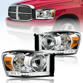 Fullux LED DRL Headlights Compatible with 06-08 Dodge Ram 1500 & 06-09 Ram 2500 3500 (Only Halogen Headlamps) Amber Reflector Chrome Housing Left Right Side 2PCs