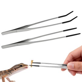 2PCS Reptile Feeding Tongs,10.6" Extra Long Stainless Steel Tweezers with Rubber Tips, Bearded Dragon Lizards Aquarium Straight and Curved Long Tweezers for Snake Feeding, Terrarium, Aquarium(Silver)