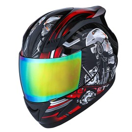 1Storm Motorcycle Bike Full FACE Helmet Mechanic Skull Size Medium - Tinted Visor RED