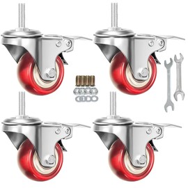 Stem Caster Wheels Heavy Duty Casters PU M8-1.25x1 inch (Stem Diameter 8mm, Stem Length:1 inch) Casters with Brake Dual Locking for Home, Office, Industry use (2 Inch, with Brake-Red)