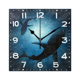 Naanle 3D Magic Two Sharks Swimming Foraging Under Water Print Square Wall Clock Decorative, 8 Inch Battery Operated Quartz Analog Quiet Desk Clock for Home,Office,School