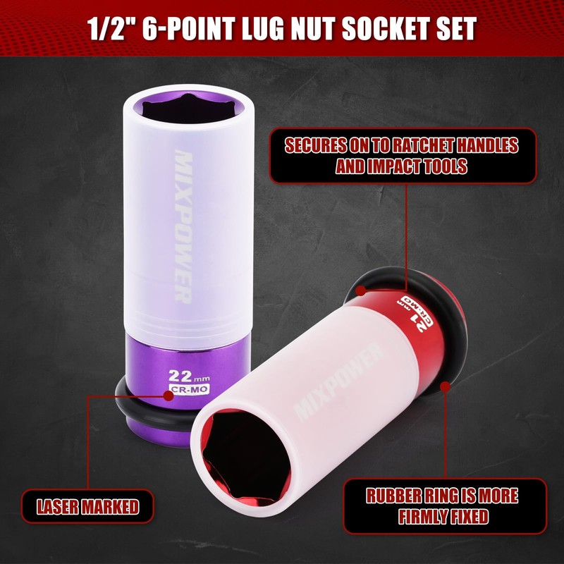 MIXPOWER 7PCS 1/2" Drive Wheel Protector Impact Socket,Thin Wall Deep