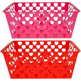 A1U Rectangular Pink and Red Valentine Heart Baskets 11x7.91x4.33in for Home Kitchen Party Favor Valentine's Day Empty to Fill Decorative Gift Basket, 2 counts with HFW Bonus Gift (colors may vary)