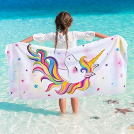 Unicorn Beach Towel - 76 x 150cm Rainbow Polyester Camping Towels for Girls Kids Quick Dry Ultra Absorbent Super Soft Beach Blanket Pool Travel Swimming Bath Shower Towel