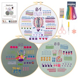 chfine 3 Sets Embroidery Kit for Beginners, Embroidery Starter Kit Embroidery Stitches Practice Kit Stamped Cross Stitch Sets Beginner Embroidery Kit for Adults Kids with Instruction Tools