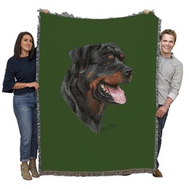 Pure Country Weavers Rottweiler Dog Woven Blanket Green by Robert May - Gift Cotton Tapestry Throw - Made in The USA - 72" x 54"