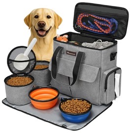 Modoker - Bolsa de viaje para perro, juego de viaje para perros y gatos para fin de semana, bolsa organizadora con bolsillos multifuncionales (gris)