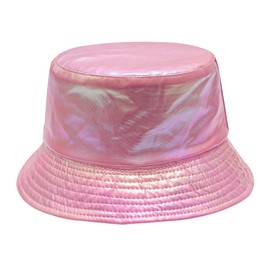 ZLYC Unisex Fashion Bucket Hat PU Leather Rain Hat Waterproof (Metallic Neon Pink)