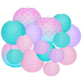 Paper Lanterns Decorative, 16 Pcs Mermaid Theme Paper Lanterns, Pink Purple Blue Chinese Paper Lanterns Ceiling Party Decorations for Mermaid Theme Birthday Under Baby Shower Wedding