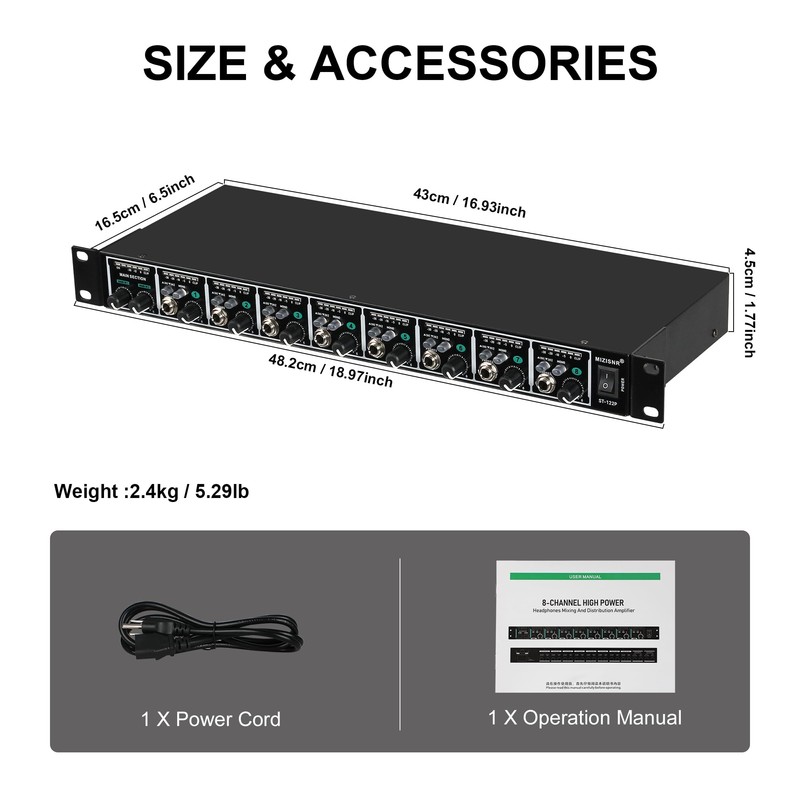 MIZISNR Headphone Amp, 8-Channel Rackmount Headphone Mixing Distribution Amplifier with