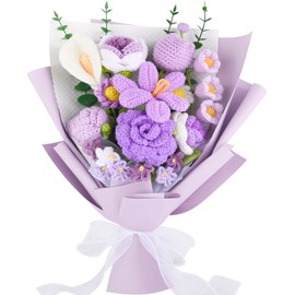 Loiiatto Crochet Flower Bouquet, Completed Handmade Crochet Flowers, Lily of The Valley, Roses, Tulips Mix Knitted Flowers Bouquet for Mother's Day, Anniversaries, Graduation, Birthday (Purple)