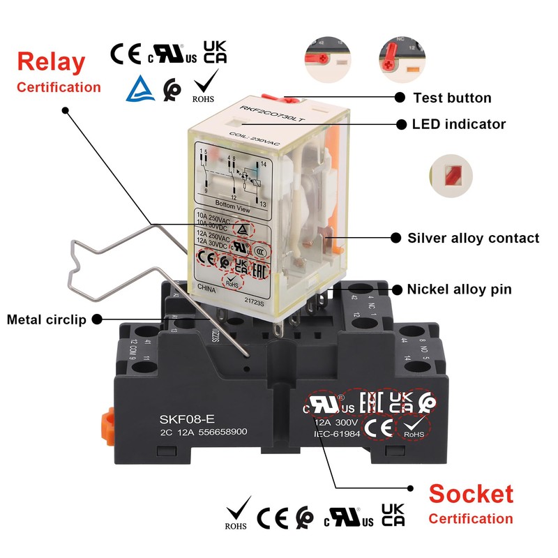 Weasch Electromagnetic Power Relay with Test Button, RKF2CO730LT, 8 Pin