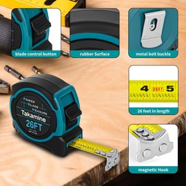 Takamine Tape Measure Professional 26 Feet, 1/8 Fraction Easy Read Retractable Measuring Tape, with Magnetic Hook, Manual Lock, Rubber casing, Suitable for Engineers/Surveyors/Carpenters/Construction