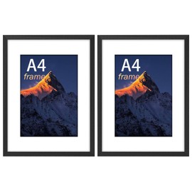 wyewye A4 Frame, 2 Pack Black Wooden Picture Frame, A4 Size, Plexiglass Protection, Versatile White Mount
