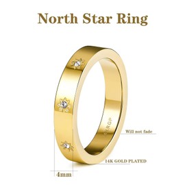 JINEAR 4mm North Star Gold Wedding Bands for Women and Men, 14K Gold Plated Cute Stackable Rings Cubic Zirconia Statement Plain Flat Finger Ring Thumb Pinky Ring High Polish Non Tarnish Comfort Fit