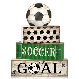 Moucuny 4 Pcs Wooden Soccer Tabletop Decor Soccer Wooden Block Signs Gift Football Tiered Tray Decor Sports Themed Party Decorations Sports Ball Table Centerpiece for Boys Birthday Party Supplies