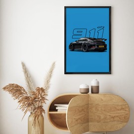 WOOTONG 911 Car Poster 911 GT Turbocharged Men's Bedroom Aesthetic Decoration Poster (Black Frame 8x10)