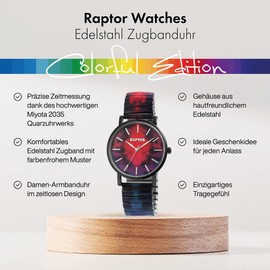Raptor Colorful Edition Damen-Uhr Zugband Edelstahl Motiv Bunt Print Analog Quarz (schwarz pink lila)