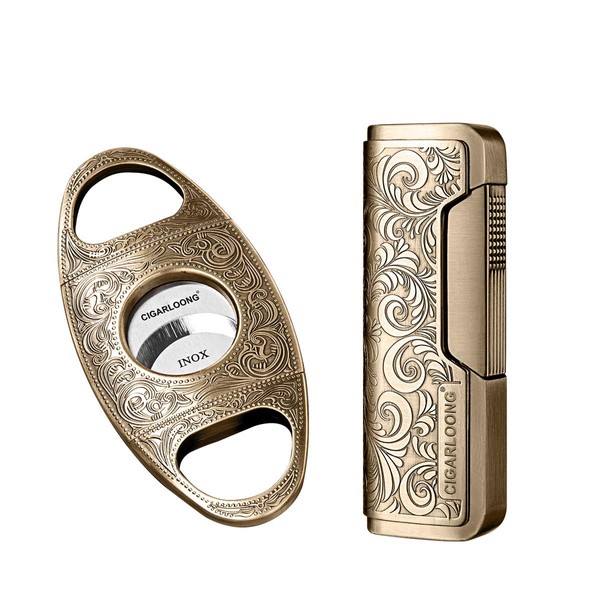 CIGARLOONG Cigar Cutter and Lighter Set Sharpening Blade Engraved Cigar Guillotine and Retro Carved Lighter(Color:Gold)