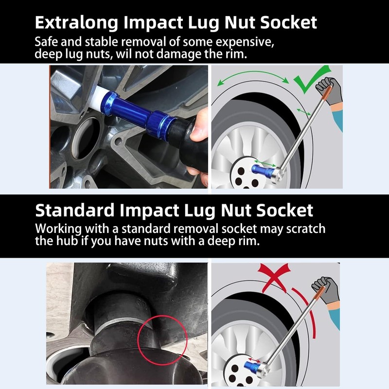 NORTOOLS 1/2 Drive Extra Long Impact Lug Nut Socket Set,