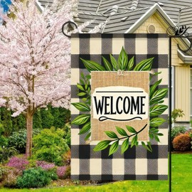 BlissYard Spring Garden Flags 12x18 Double Sided Spring Flag Rustic Welcome Design with Greenery and Buffalo Plaid Accents Front Porch Decor Outdoor Décor Spring Garden Flags For Outside