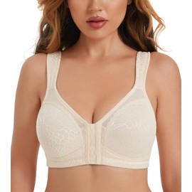 Curyon Women's Front Closure Back Support Minimizer Bra Full Figure Jacquard Nude 42D