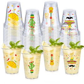 meekoo 200 Pack 12 oz Fiesta Cups Plastic Mexican Cups Clear Disposable Mug Cinco De Mayo Party Decorations for Fiesta Taco Birthday Party Drinkware Supplies, 4 Styles